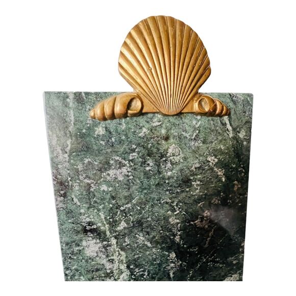 Vintage Green Marble Stone Cheese Charcuterie Board Brass Shell Handle Regency - Picture 2 of 11